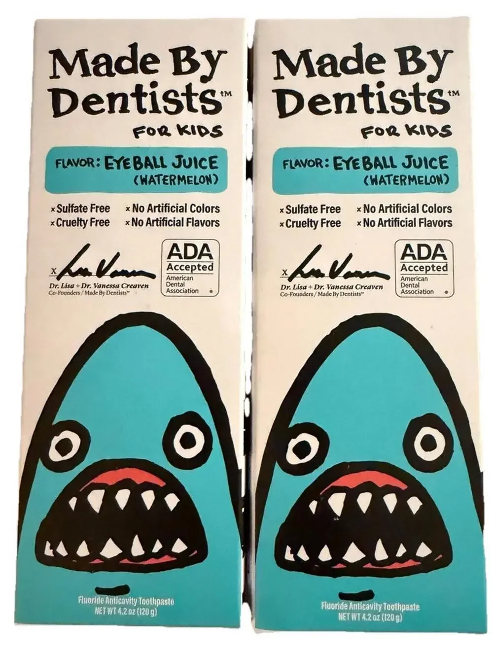 Lot Of TWO Made by Dentists Kids Toothpaste EyeBall Juice Watermelon Shark 4.2oz